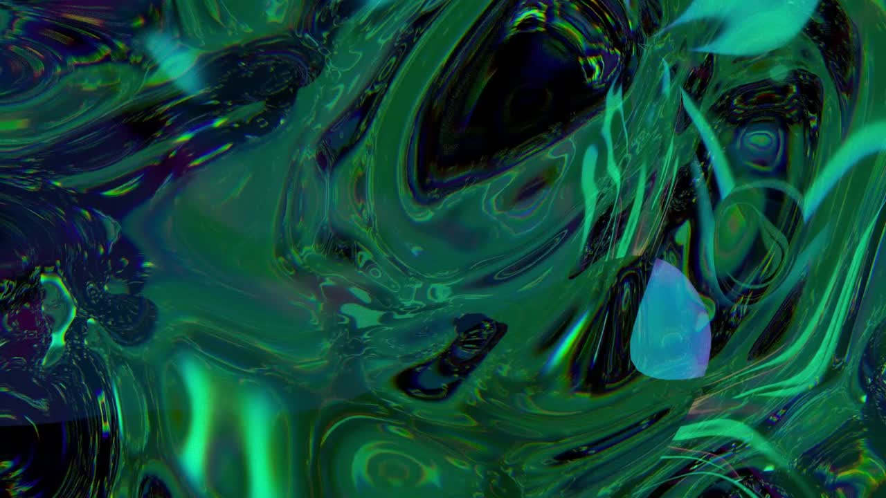 Captivating abstract animation of flowing liquid metal in deep emerald green and blue iridescent tones. Mysterious, elegant, and fluid background