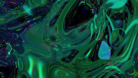 captivating abstract animation of flowing liquid metal in deep emerald green and blue iridescent tones. mysterious, elegant, and fluid background