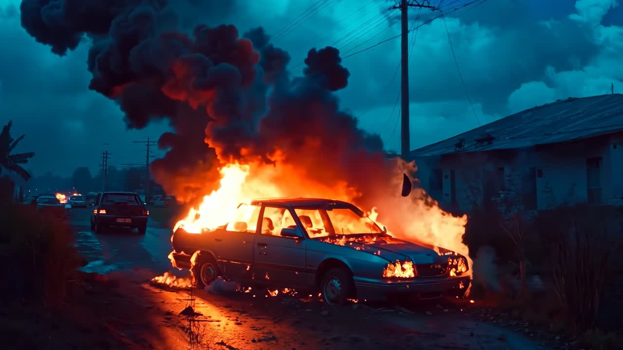un coche está envuelto por llamas en el lado de la carretera