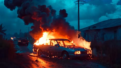 a car is engulfed by flames on the side of the road