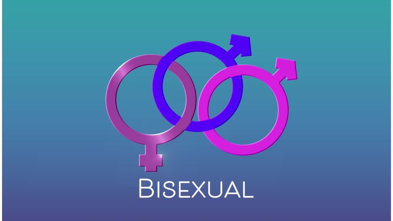 Animazione di un banner di testo e simbolo bisessuale su uno sfondo sfumato blu.