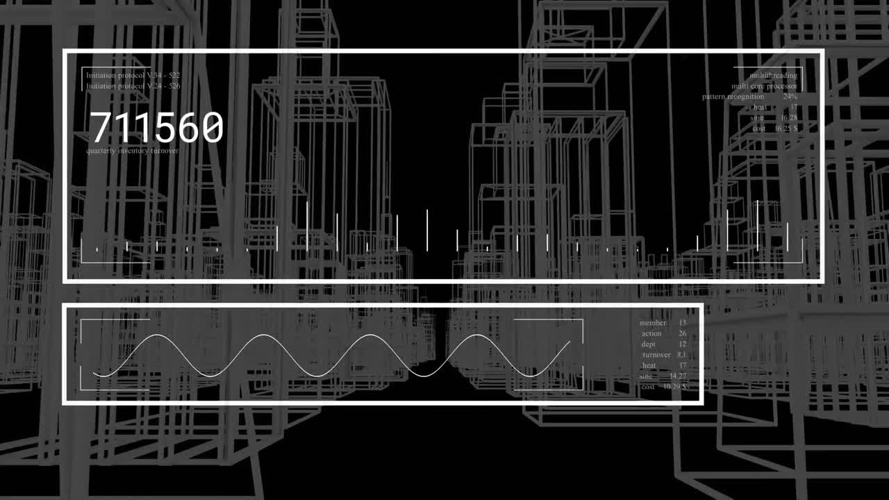 Animation of data processing and digital cityscape on black background