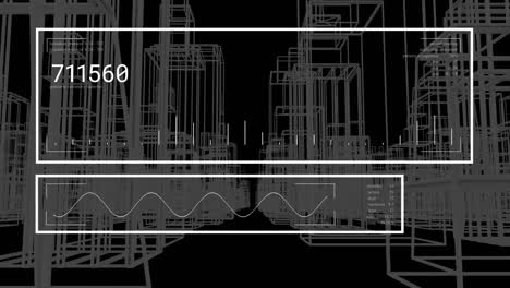 animación del procesamiento de datos y el paisaje urbano digital sobre fondo negro