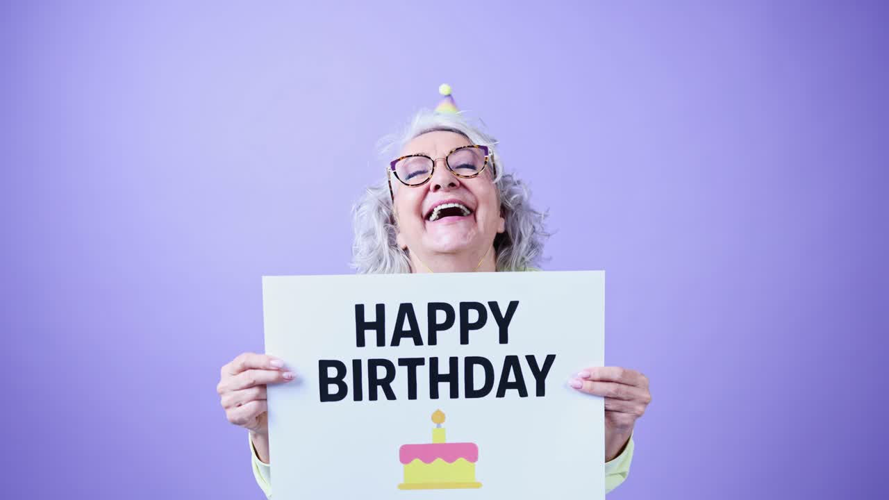 Donna anziana felice con cappellino da festa e cartello di buon compleanno