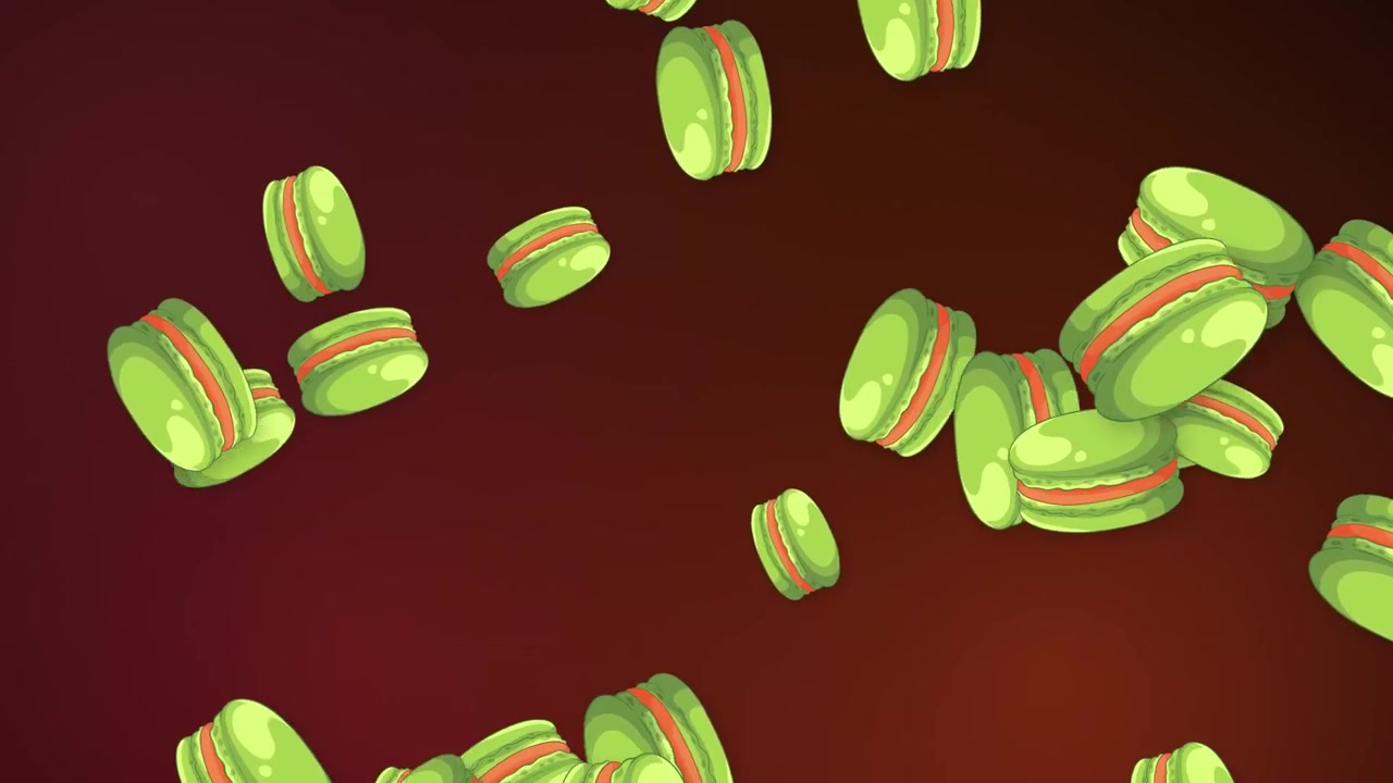 Macarons verdes estilizados caem e flutuam sobre um fundo de gradiente de malha vermelho escuro