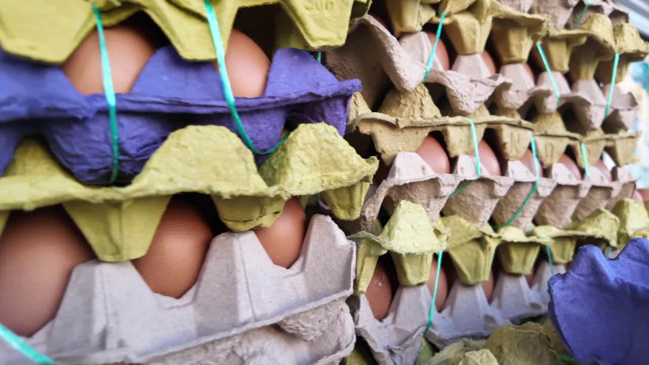 File di cartoni di uova colorati impilati con uova fresche marroni