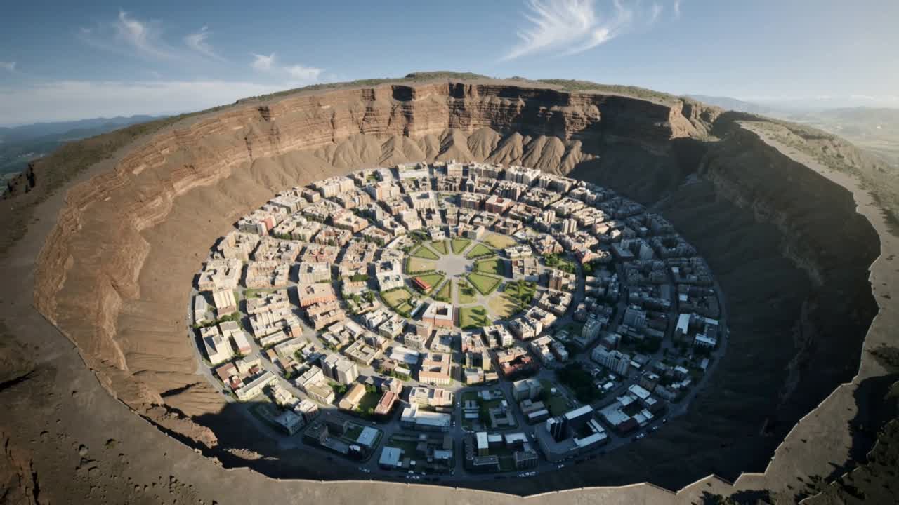 Vertikal video: Drone trekker seg tilbake og avslører en sirkulær kraterby med stjerneplass og konsentriske ringer.