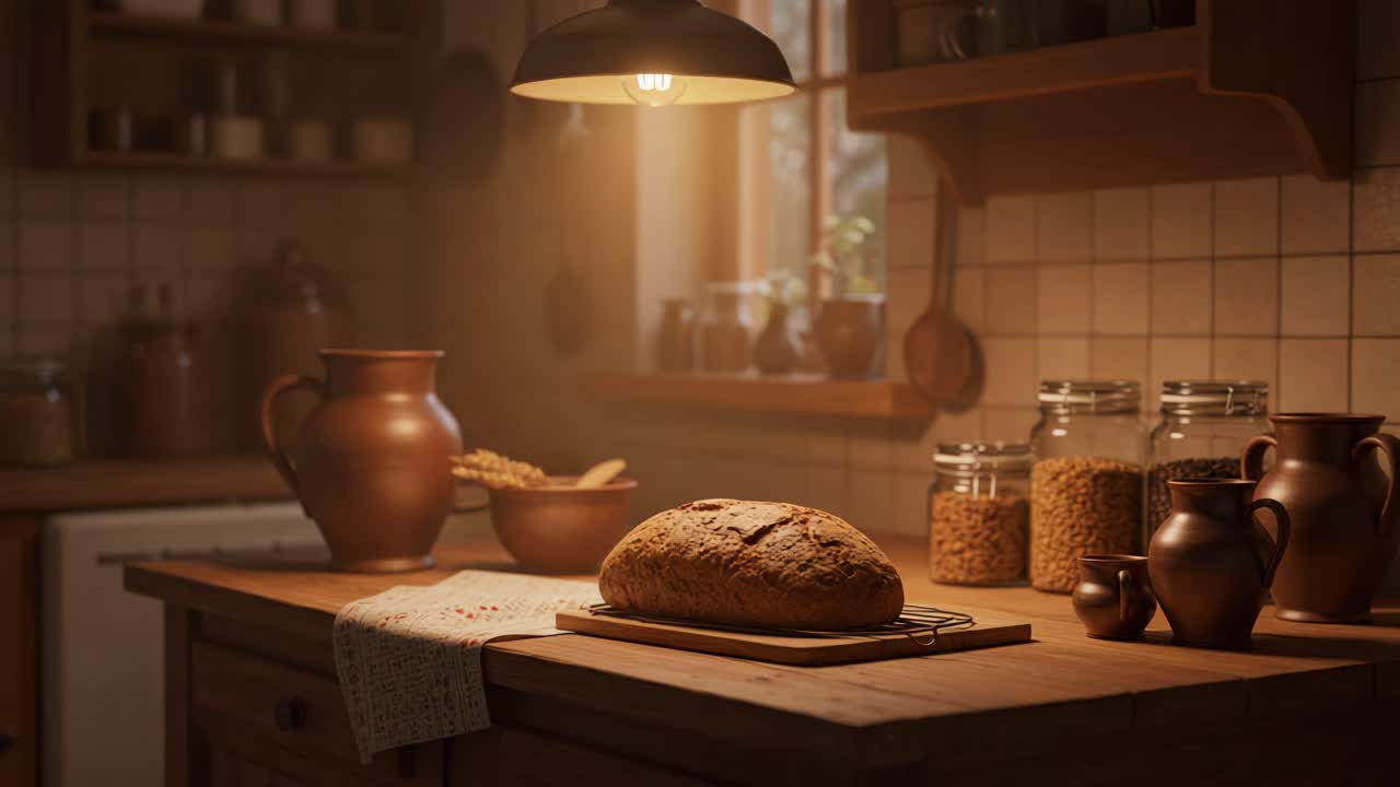 A Warm Glow in the Kitchen: Artisan Bread Freshly Baked and Centered in Cozy Home Setting Surrounded by Rustic Kitchenware and Natural Warm Light