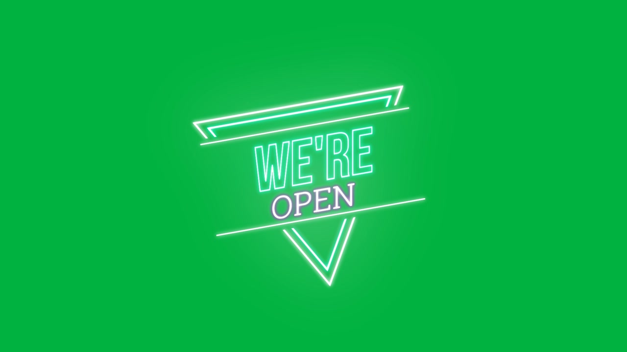 Animation of we're open text in blue and pink neon with triangle on white background