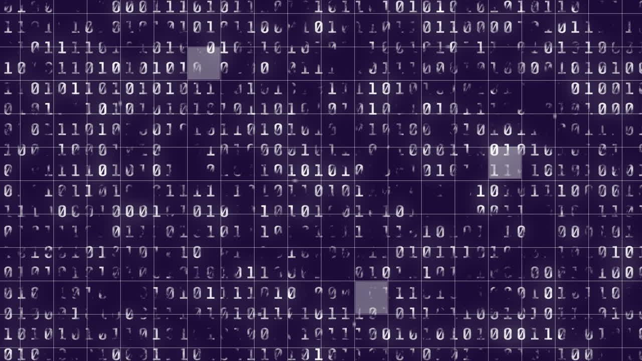Binary code animation over grid background, representing data processing and digital information