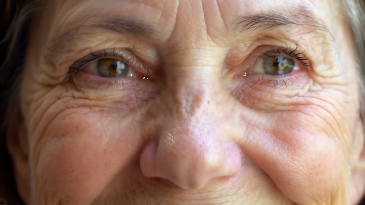 Close up, light eyes of old smiling woman with gray hair.