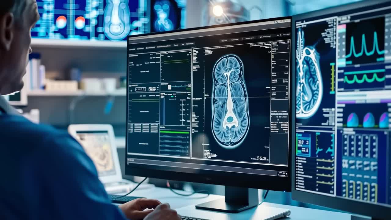 Over-the-shoulder angle of a medical professional analyzing brain scans on monitors