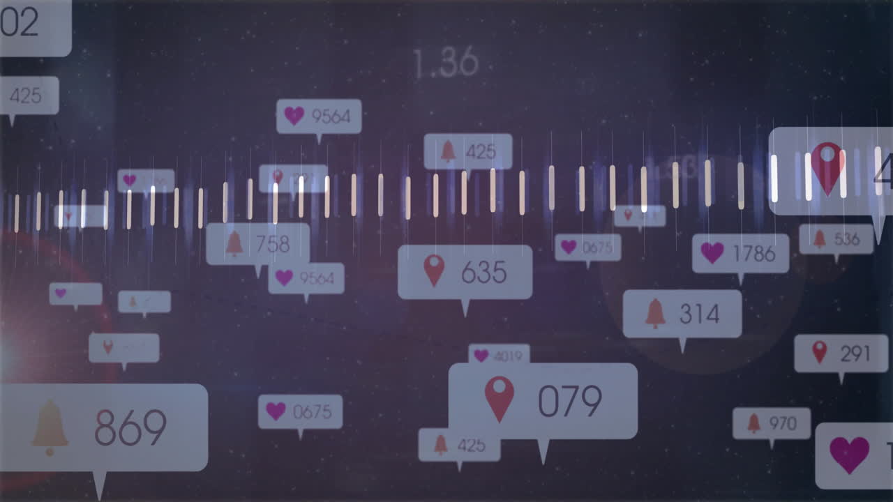 Social media notifications and location icons over digital soundwave animation