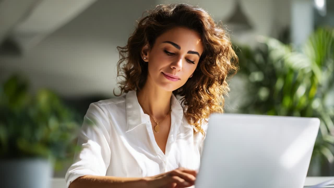 Foco em produtividade e criatividade: uma mulher concentrada em seu trabalho enquanto interage com seu laptop em um ambiente sereno e repleto de plantas que inspira concentração e inovação.