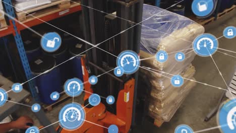 Animation-of-connected-speedometer-and-lock-icons-over-forklift-with-boxes-moving-in-warehouse