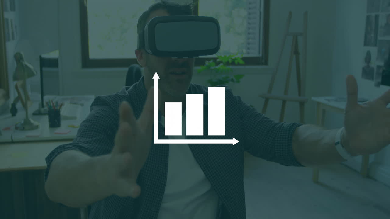 animación de diagrama blanco sobre hombre caucásico usando auriculares vr en la oficina