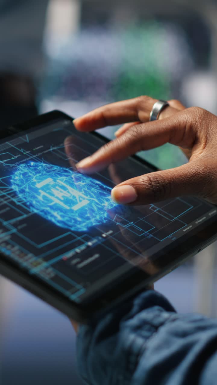 Vertical video Close up of data center engineer using tablet, doing maintenance on AI rigs