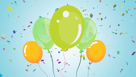animación de globos verdes y amarillos con confeti sobre un fondo azul