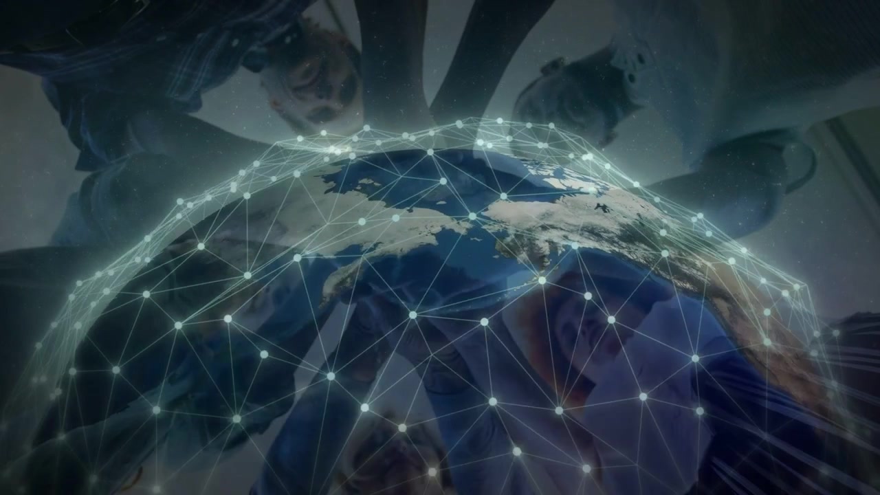 Globe appearing, team leaning and watching network growing and linking nodes for tech demo