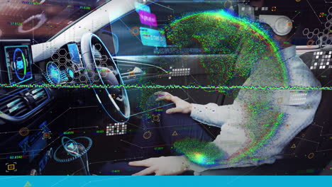 animation of data processing over globe against man wearing vr headset sitting in a car