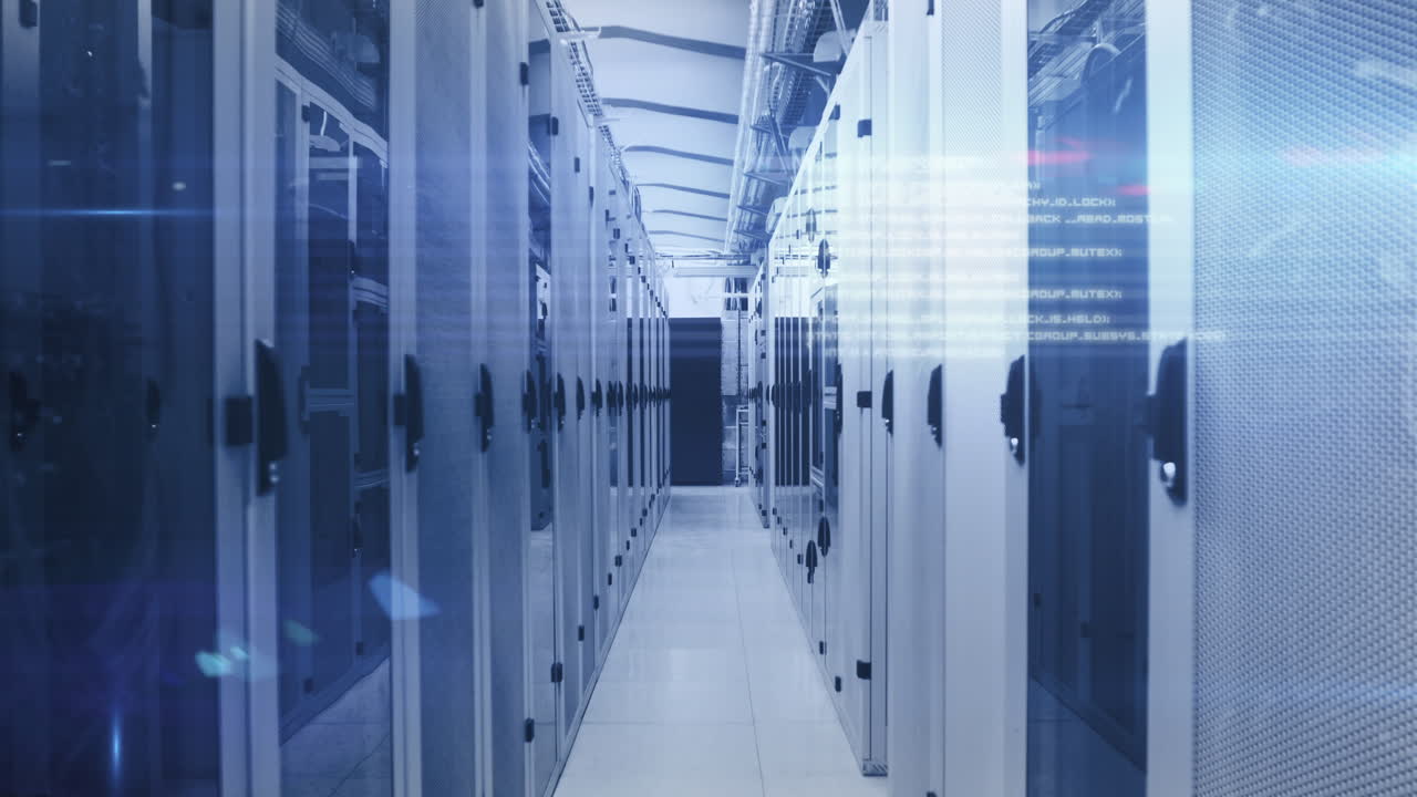 Computer servers in a server room with glowing lights