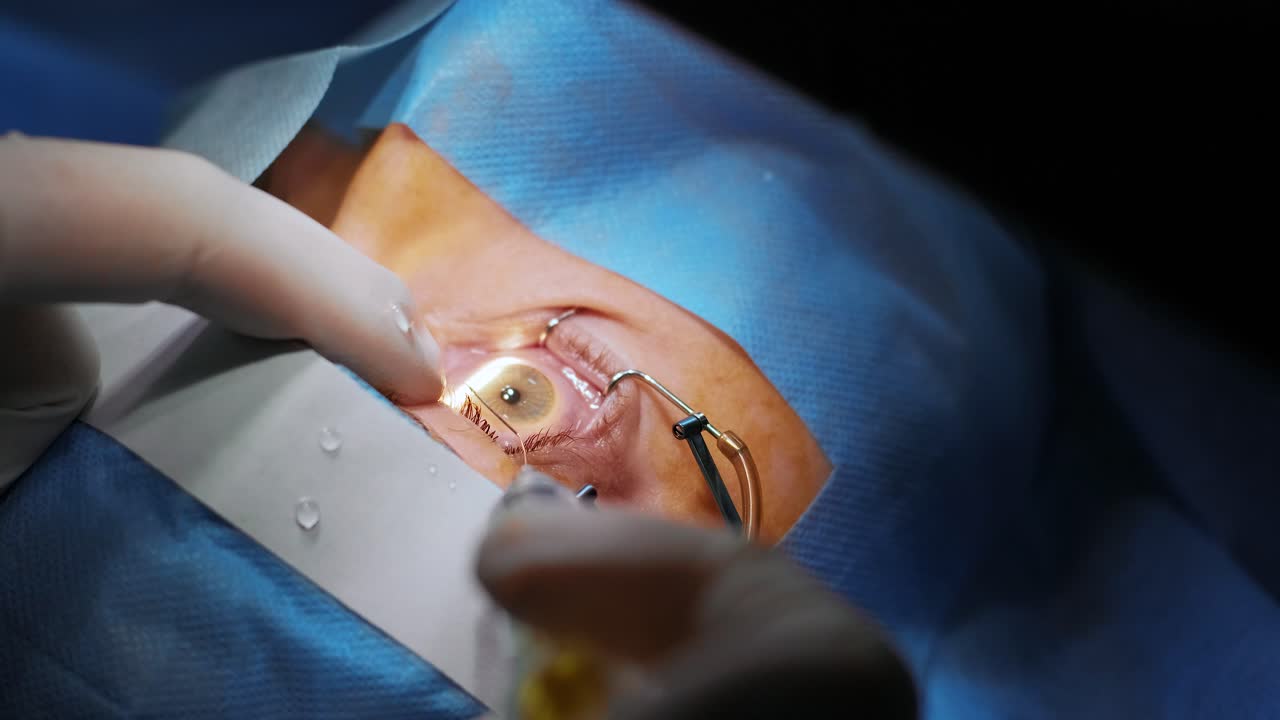 Corrección de la visión con láser. Un paciente y un equipo de cirujanos en el quirófano durante una cirugía oftálmica. Espéculo para párpados. Tratamiento Lasik. Paciente bajo cubierta estéril.