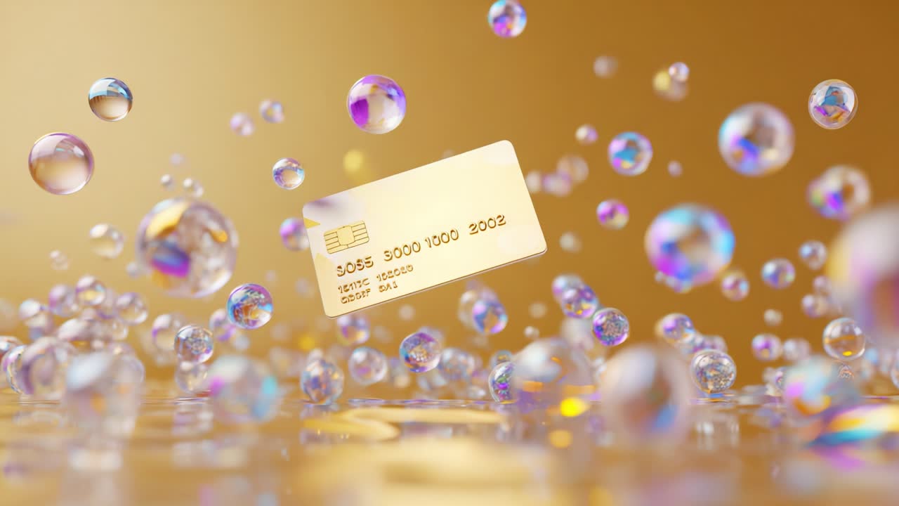 A Vibrant Display of Floating Currency: Captivating Frames Showcase a Golden Credit Card Surrounded by Sparkling Bubbles Against a Gleaming Background, Exuding Luxury and Elegance