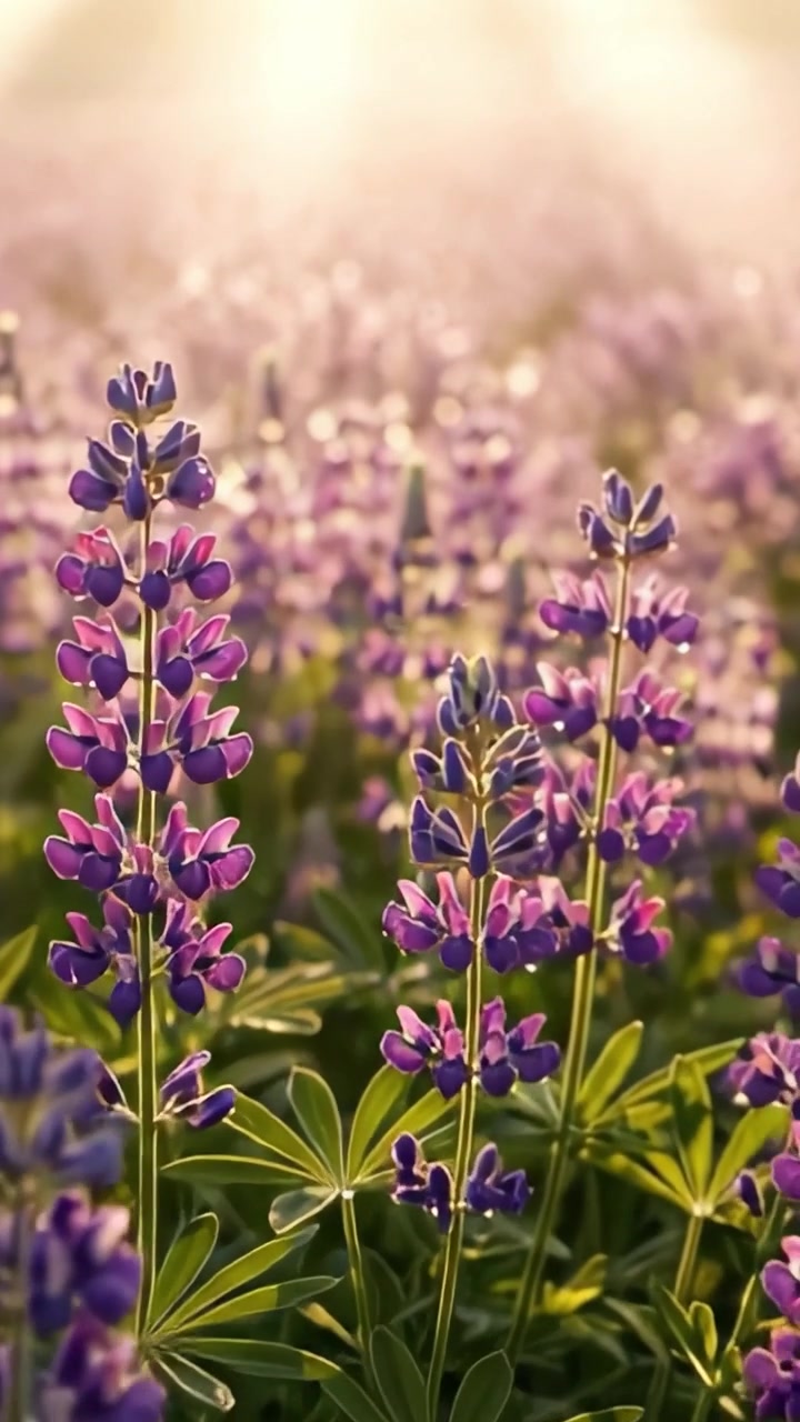 Un paesaggio sereno di lupini viola in fiore baciati da una morbida luce dorata, che cattura la tranquilla bellezza dello splendore floreale della natura in un affascinante scenario campestre.