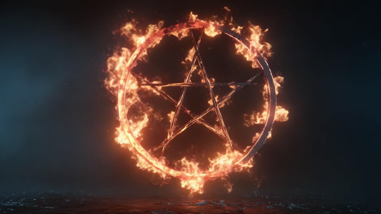 Peragaan Api yang Memukau Berkembang: Transformasi Pentagram Berapi di dalam Lingkaran Berapi yang Terekam dalam Dua Bingkai Berbeda