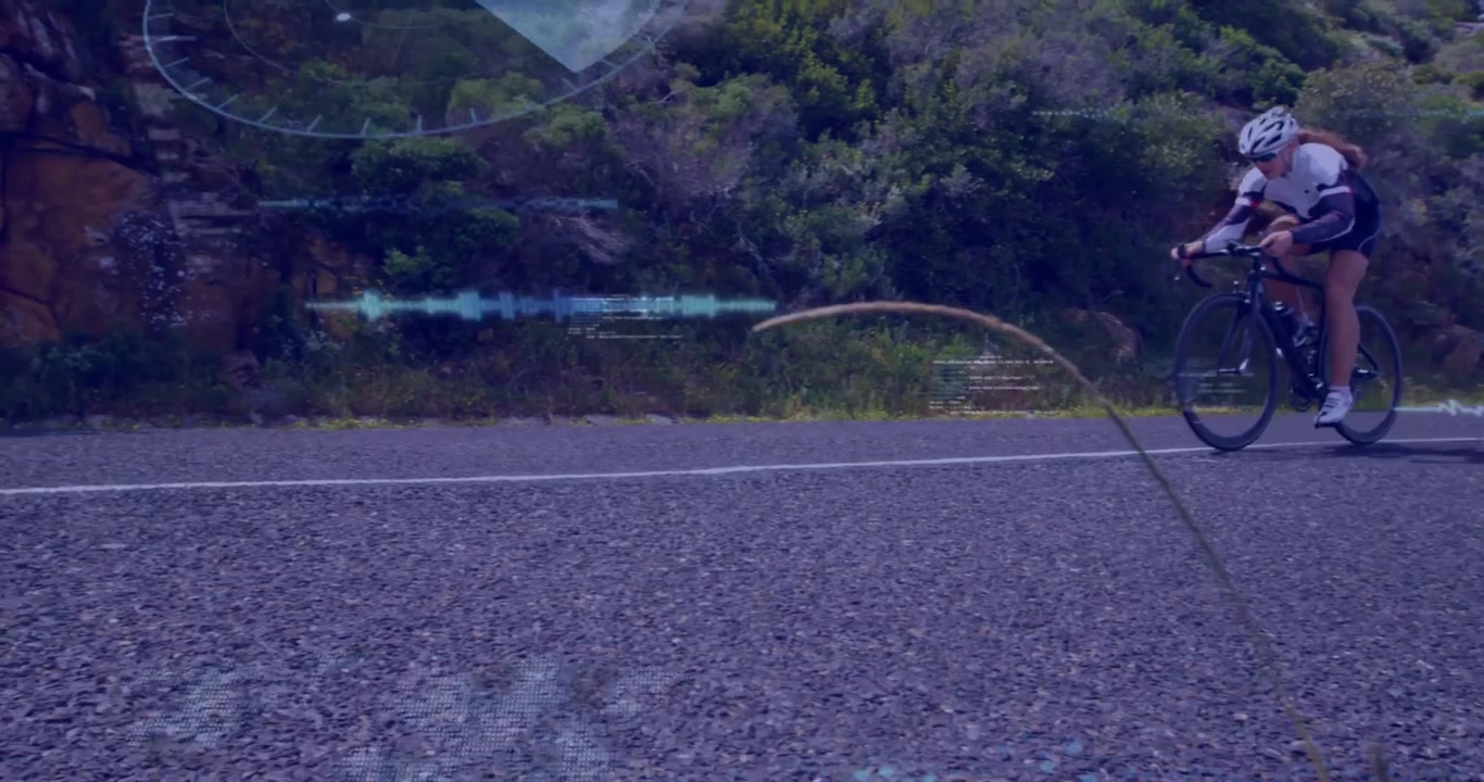 Female cyclist riding into frame, initiating layered HUD data, analyzing technology metrics