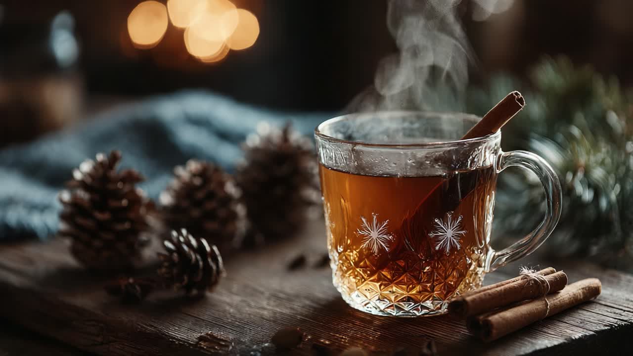 Warm and Cozy Winter Beverage in a Decorative Glass Mug Surrounded by Pinecones and Festive Decor, Perfect for Relaxing Moments by the Fire