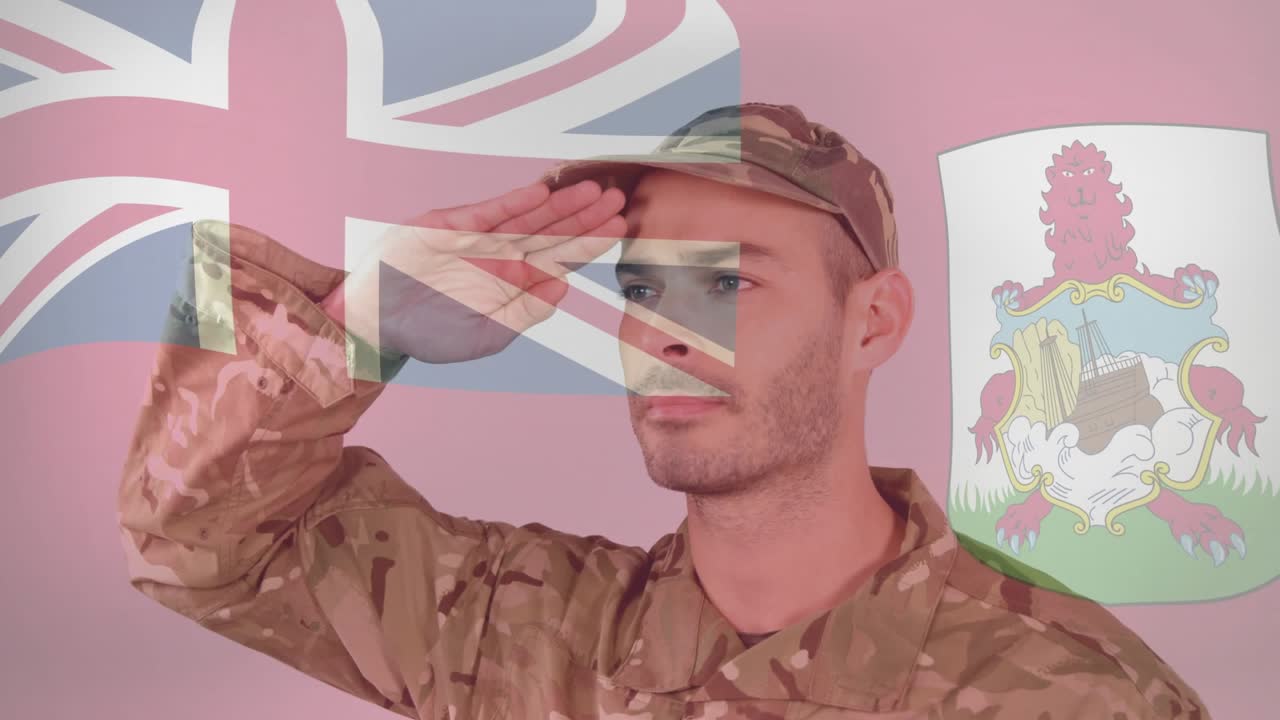 soldier following drill command raising arm into salute with Union Jack and Bermuda flags overlaid