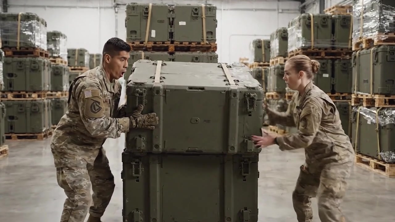 Il personale militare collabora per manovrare casse di equipaggiamento pesante in un magazzino ben organizzato, mostrando lavoro di squadra e precisione nella logistica e nelle operazioni tattiche.