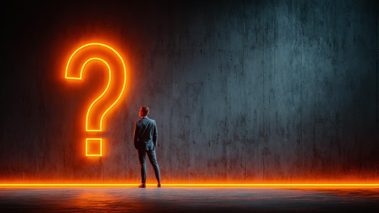 A Mysterious Question Mark Illuminates the Wall as a Pensive Figure in a Suit Contemplates Life's Unanswered Queries in a Modern Visual Space