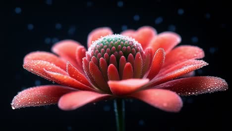 Red flower with dew close-up. A bright red flower with dew drops sparkles against a dark background, creating a striking effect.