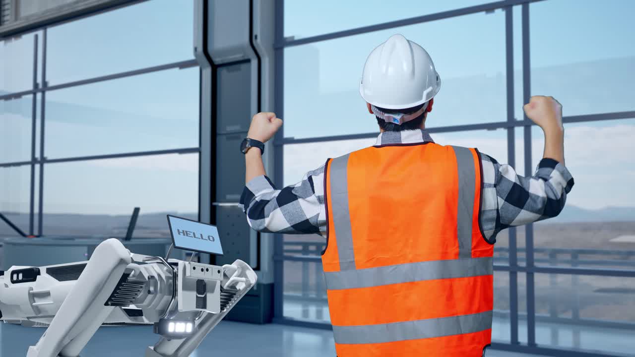 ingegnere maschio asiatico con casco di sicurezza in piedi alzando le mani per festeggiare il lavoro in una fabbrica ad alta tecnologia, analizzando il concetto di macchina robotica