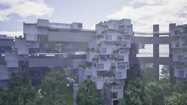 Modern architecture with interconnected greenery filled buildings