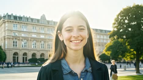 portrait of a smiling woman in front of a university building