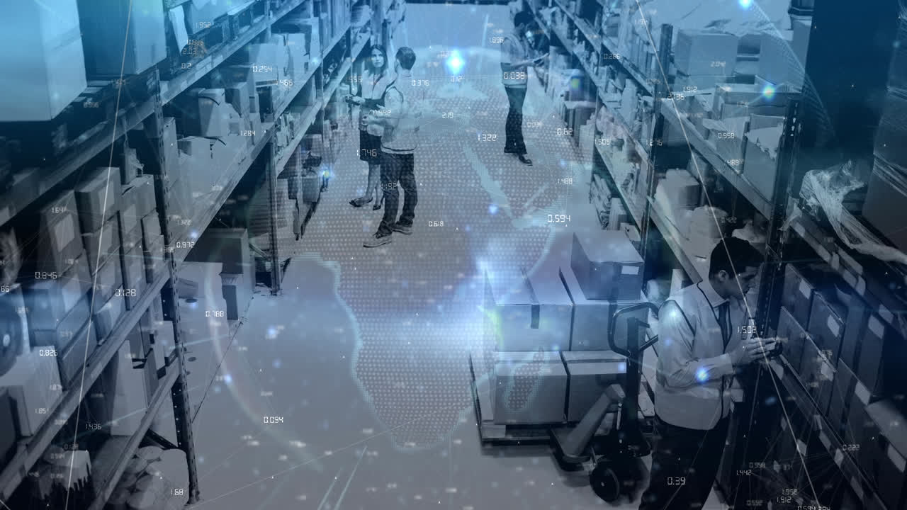 창고에서 일하는 사람들의 그룹에 대한 연결 네트워크와 회전 지구