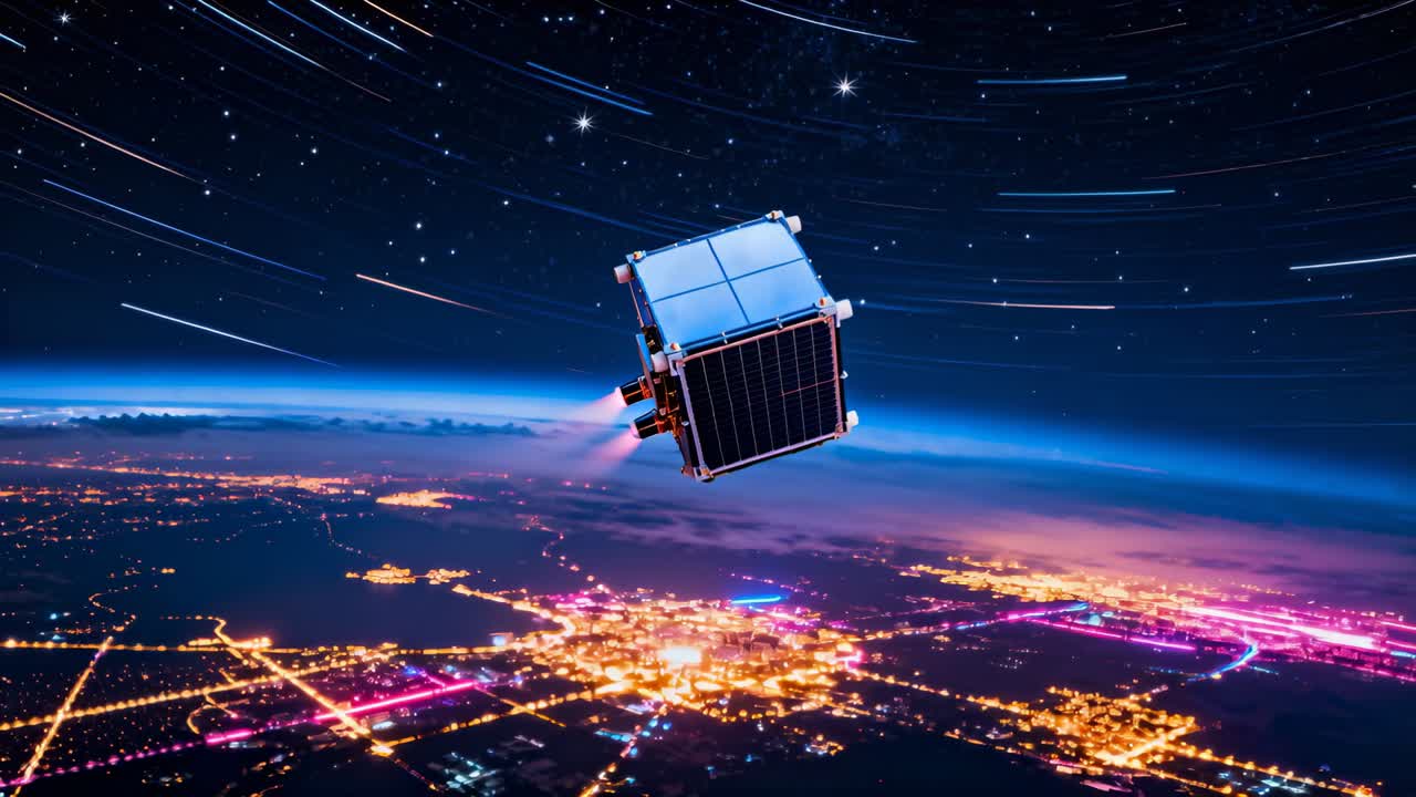 Firing thrusters, CubeSat rotating over city, emitting purple plume and showing panels to stabilize