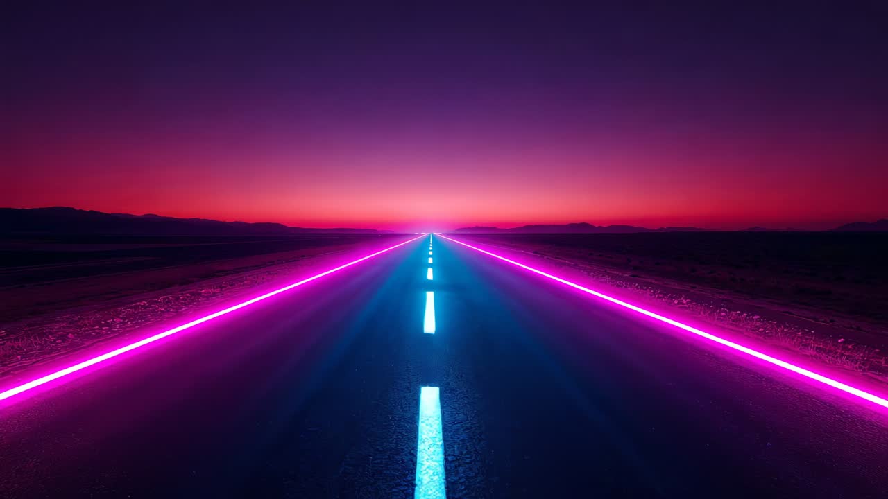Starting forward view, road guiding toward horizon glow at dusk, cyan dashed line, magenta strips
