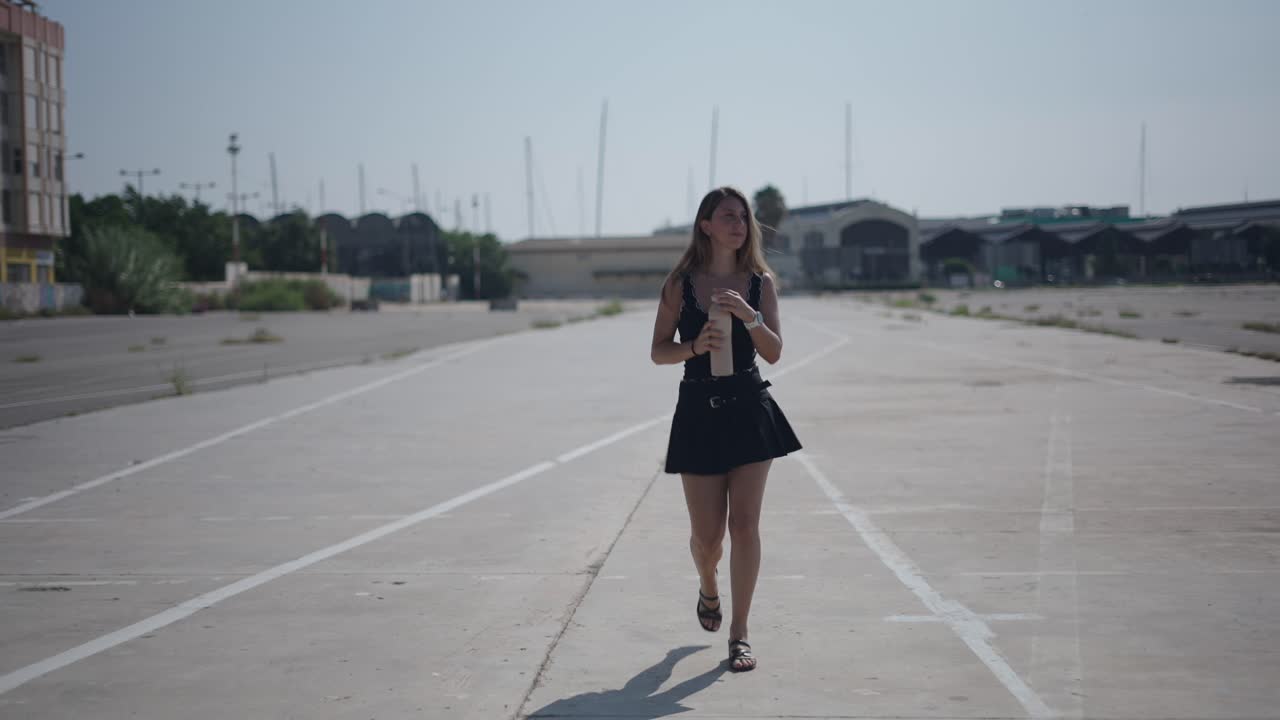 Woman Walking in Empty Parking Lot