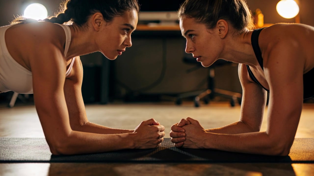 Avvio del timer, donne che indossano top chiari e scuri mantenendo la posizione del plank sugli avambracci nella palestra di casa, con tappetini.