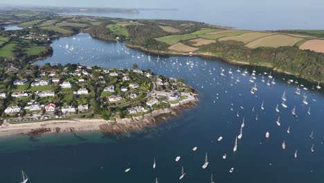 Yachts-moored-percuil-river,-St-Mawes-Cornwall-UK-drone,aerial