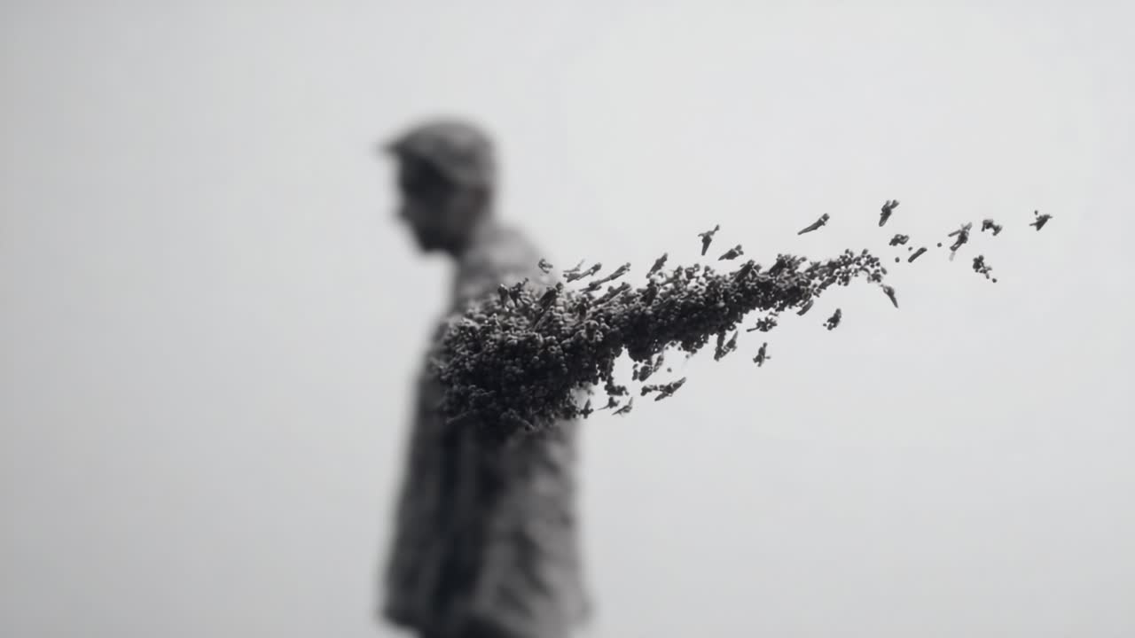 A surreal visual exploration of transformation and disintegration, where a man's figure merges with a swirling mass, capturing the interplay of identity and nature in a haunting yet beautiful portrayal