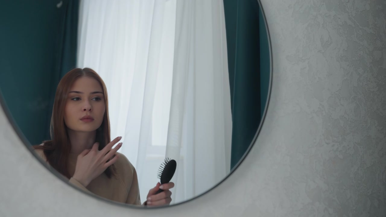 Giovane donna che si prepara allo specchio, controllando capelli e trucco alla luce della finestra, scena tranquilla della camera da letto con specchio rotondo a parete e tenda color verde acqua, espressioni esitanti che si trasformano in una cura deliberata mentre si spazzola.