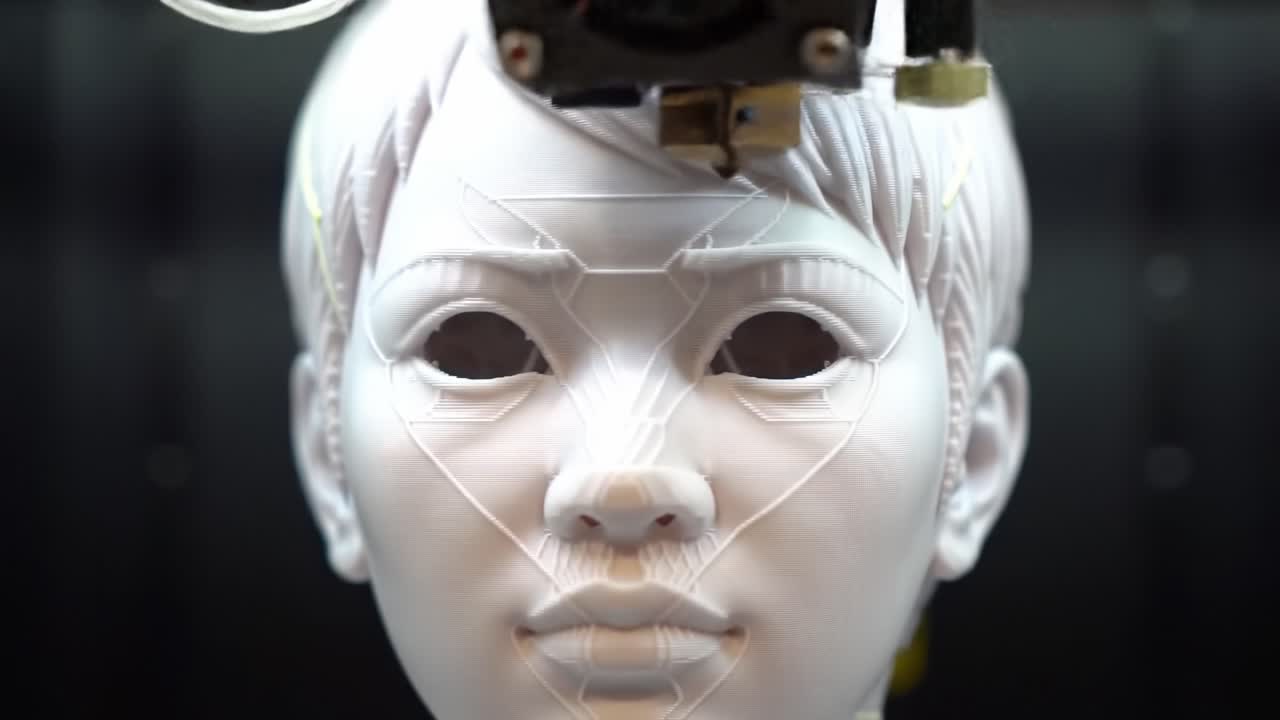 A Cutting-Edge 3D Printing Process Captures the Intricate Details of a Robotic Face, Showcasing the Future of Artificial Intelligence Technology and Human-Like Features