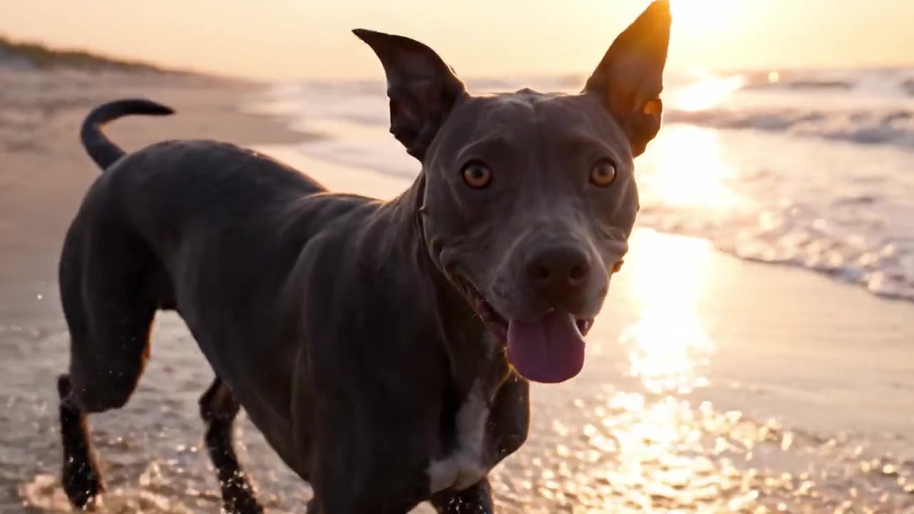 Un cane felice che corre lungo la riva assolata, godendosi giocosamente la brezza marina e gli spruzzi d'acqua al tramonto, catturando momenti di pura felicità