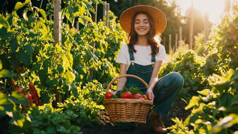 woman harvesting fresh vegetables in a sunny garden