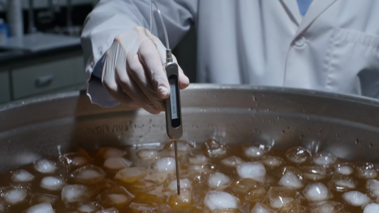 Allineando la sonda sopra la bacinella, il tecnico in camice da laboratorio abbassa la sonda nel ghiaccio, nel liquido ambrato, misurando la temperatura.
